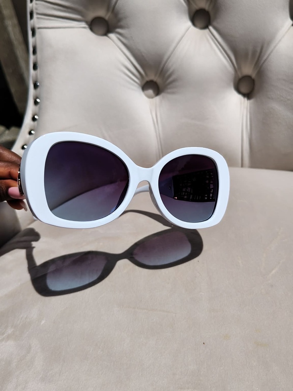 Designer White Sunglasses with Decorative Metal Lattice Temples - Picture 6 of 6